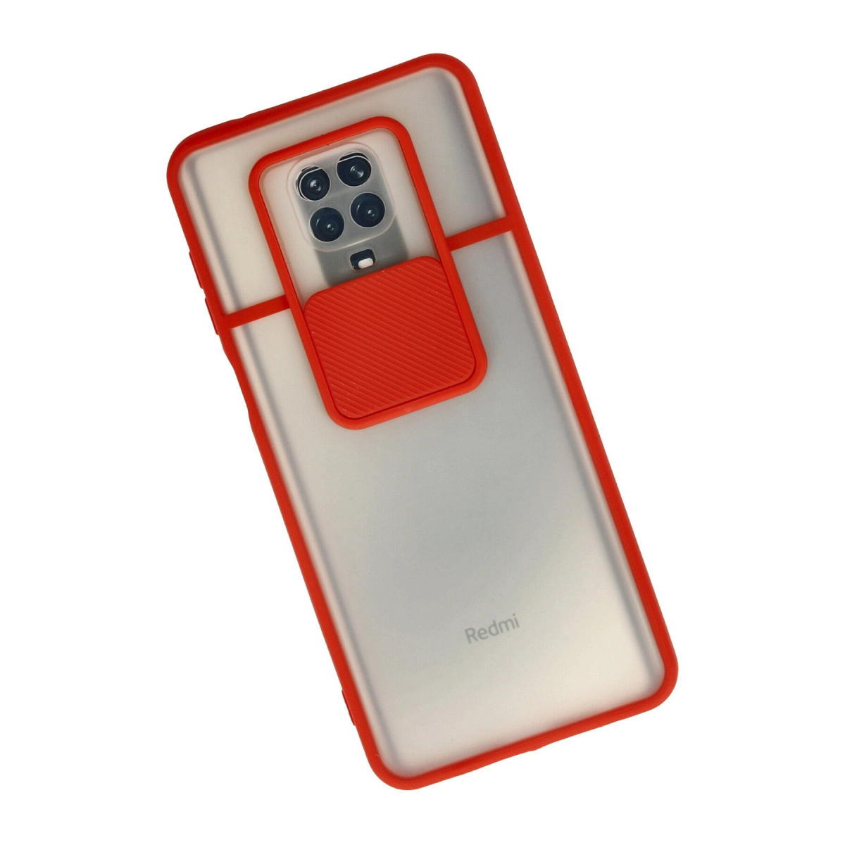 Kırmızı çerçeveli ve kamera sürgülü, mat, yarı şeffaf kılıf içindeki Redmi akıllı telefonun arkası.