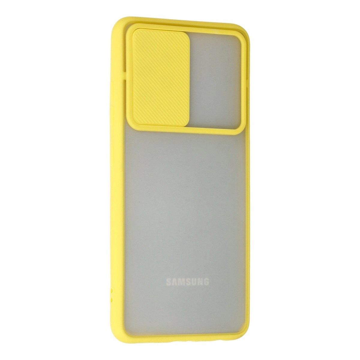 Sürgülü kamera kapaklı ve mat arka yüzeyli, parlak sarı renkli Samsung telefon kılıfı.