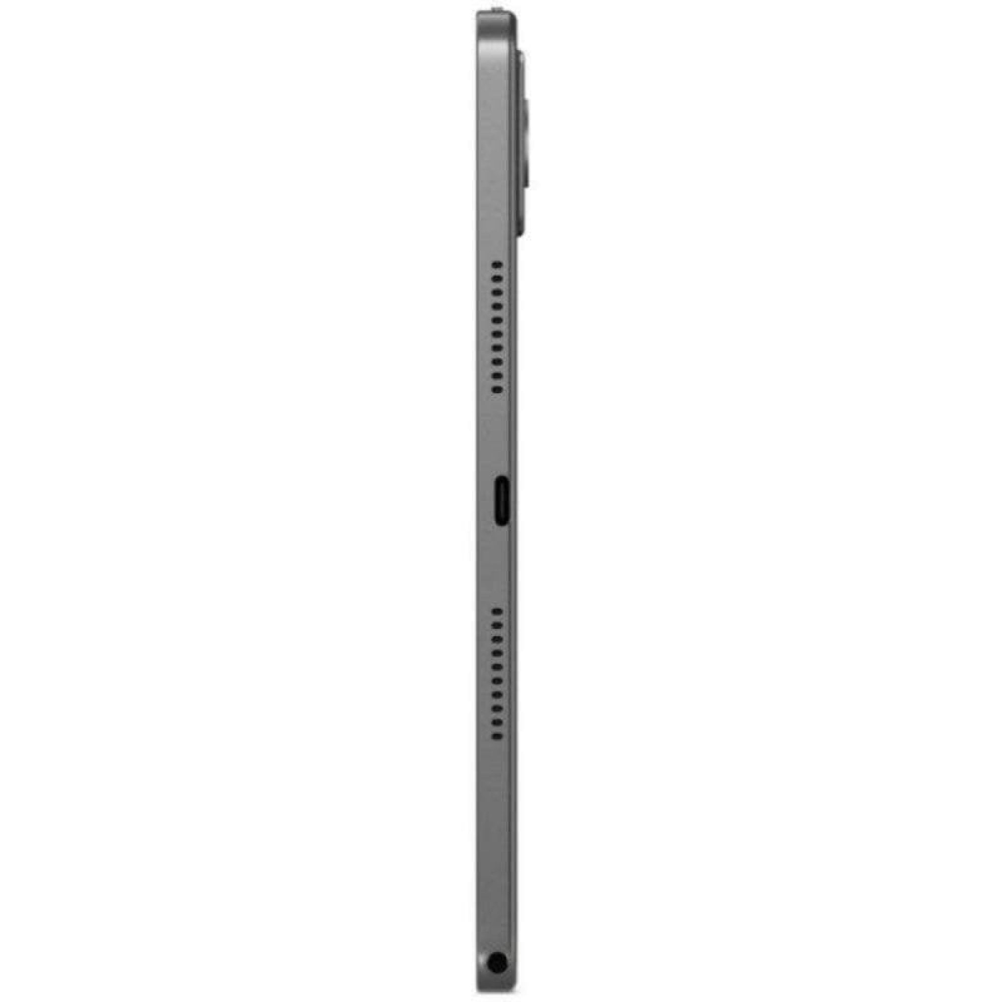 Vista laterale di un tablet grigio scuro sottile con griglie degli altoparlanti, porta USB-C e fotocamera su sfondo bianco.