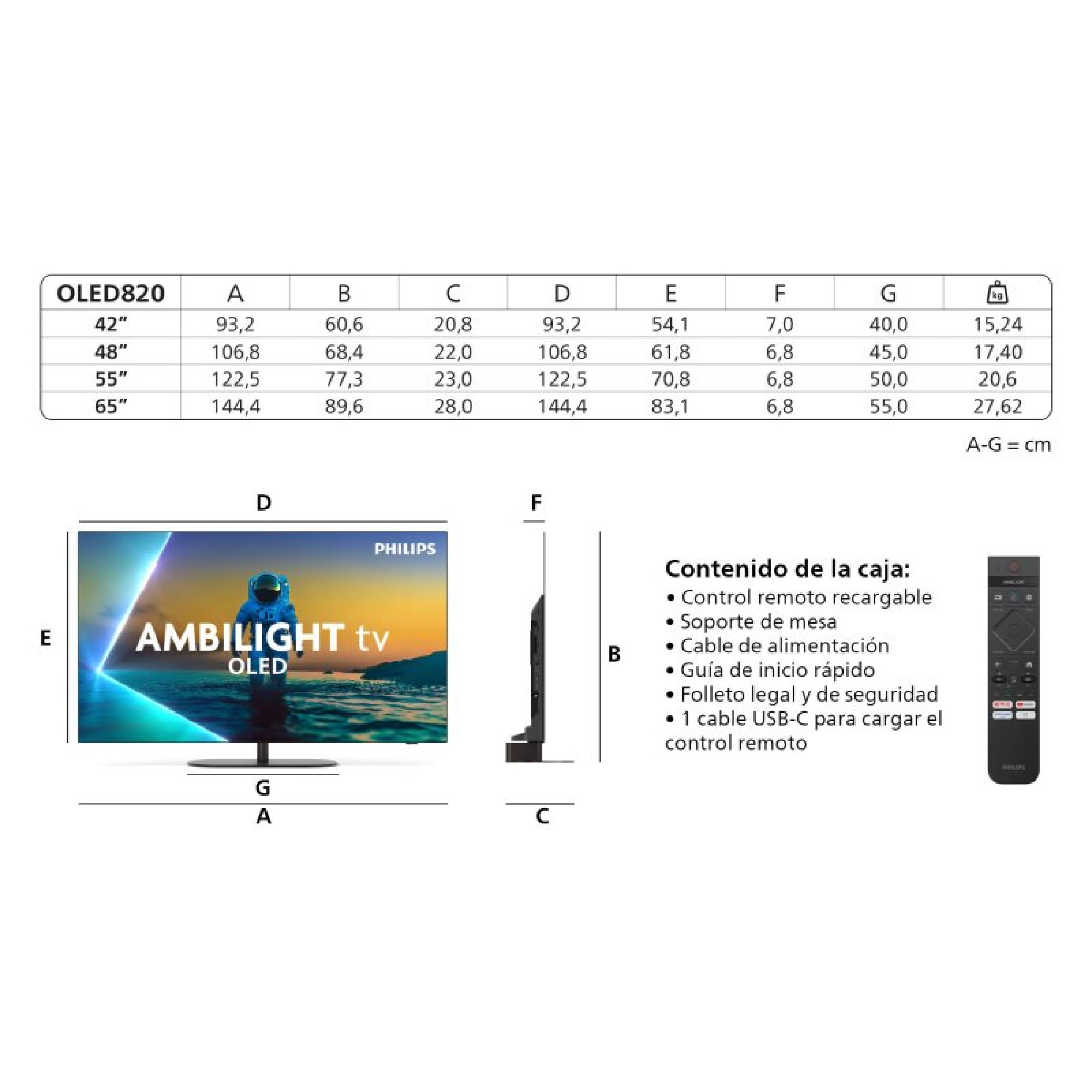 Specifiche tecniche, dimensioni, viste laterale e frontale di una TV Philips Ambilight con telecomando e contenuto.