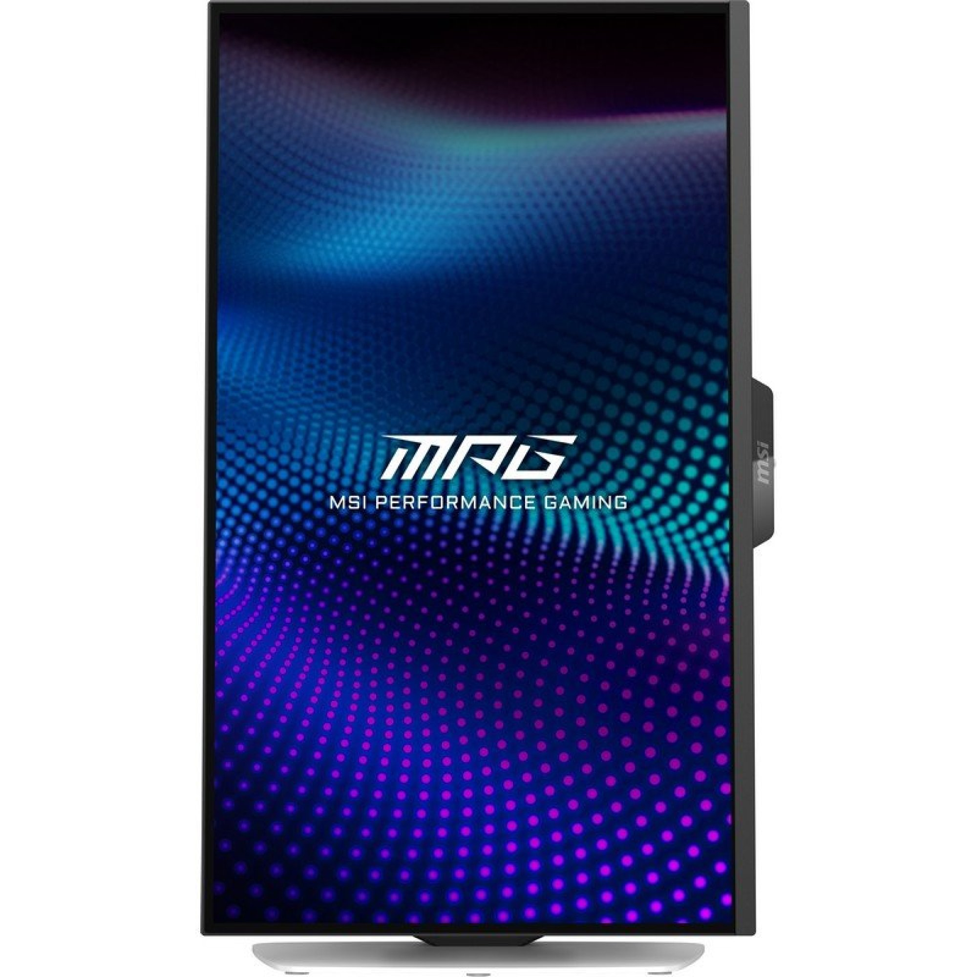 Un monitor de juegos MSI MPG muestra un fondo punteado azul y púrpura con el logotipo de MSI.
