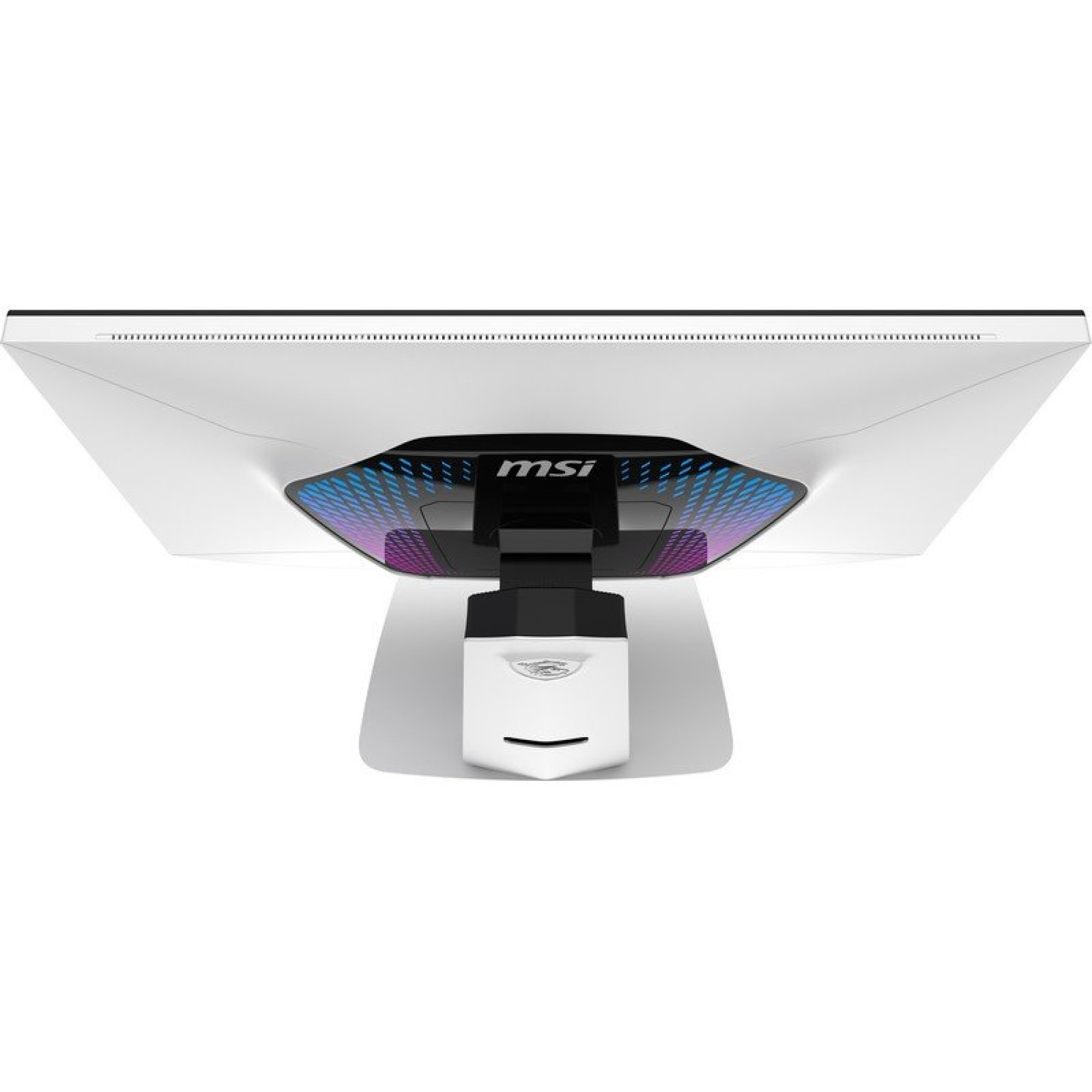 Vista cenital de un monitor de juego MSI blanco con iluminación RGB en la parte trasera.