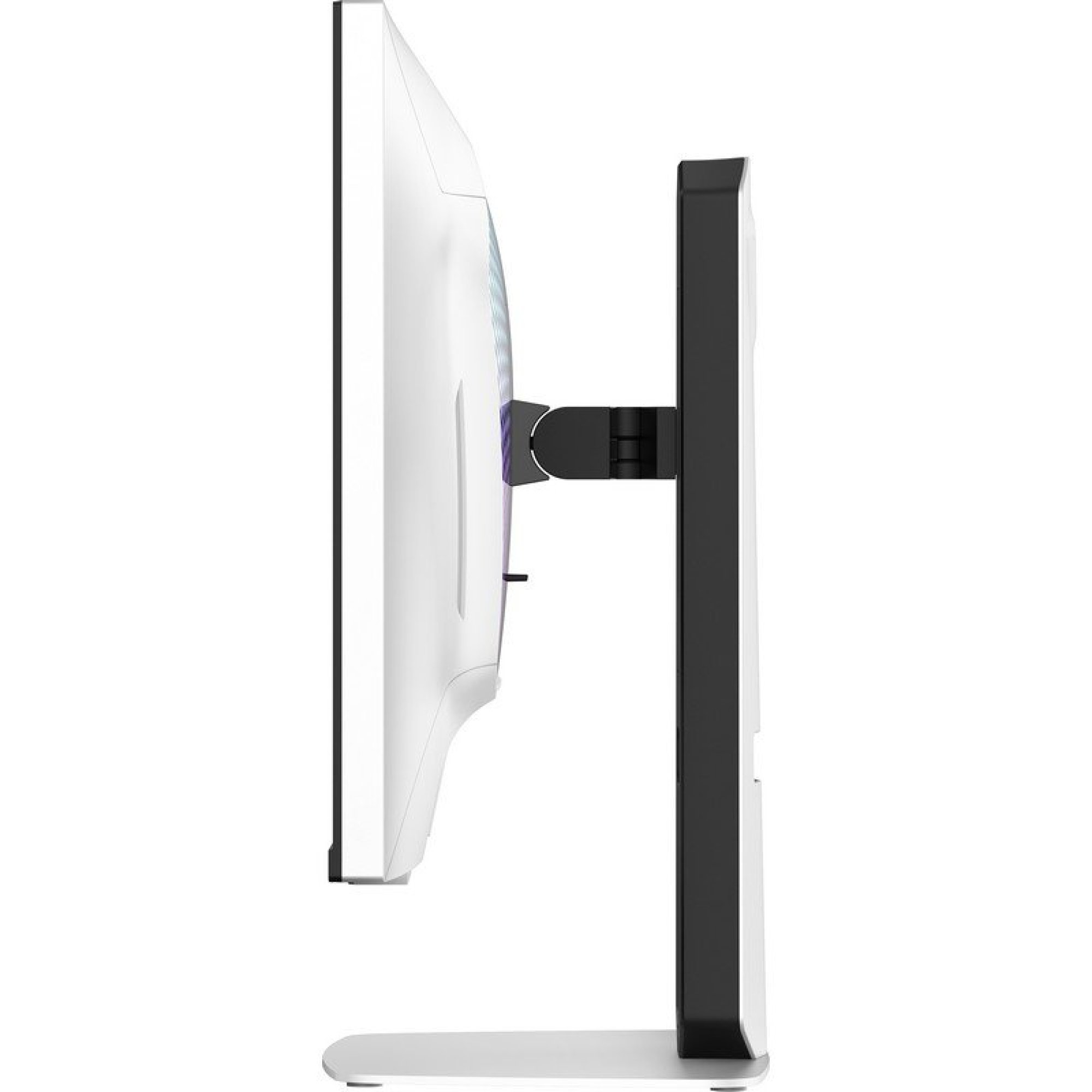 Vista lateral de un monitor de computadora blanco montado en un soporte negro con base plateada sobre fondo blanco.