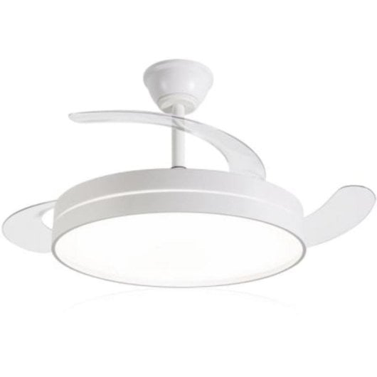 Moderno ventilatore da soffitto bianco con luce rotonda e pale trasparenti.