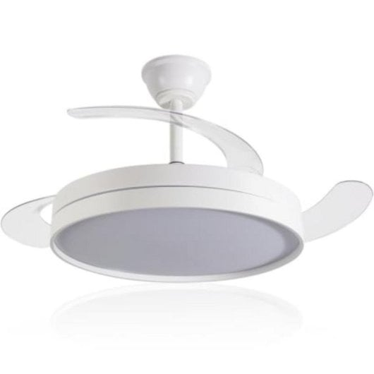 Moderno ventilatore da soffitto bianco con pale trasparenti retrattili e illuminazione rotonda integrata.