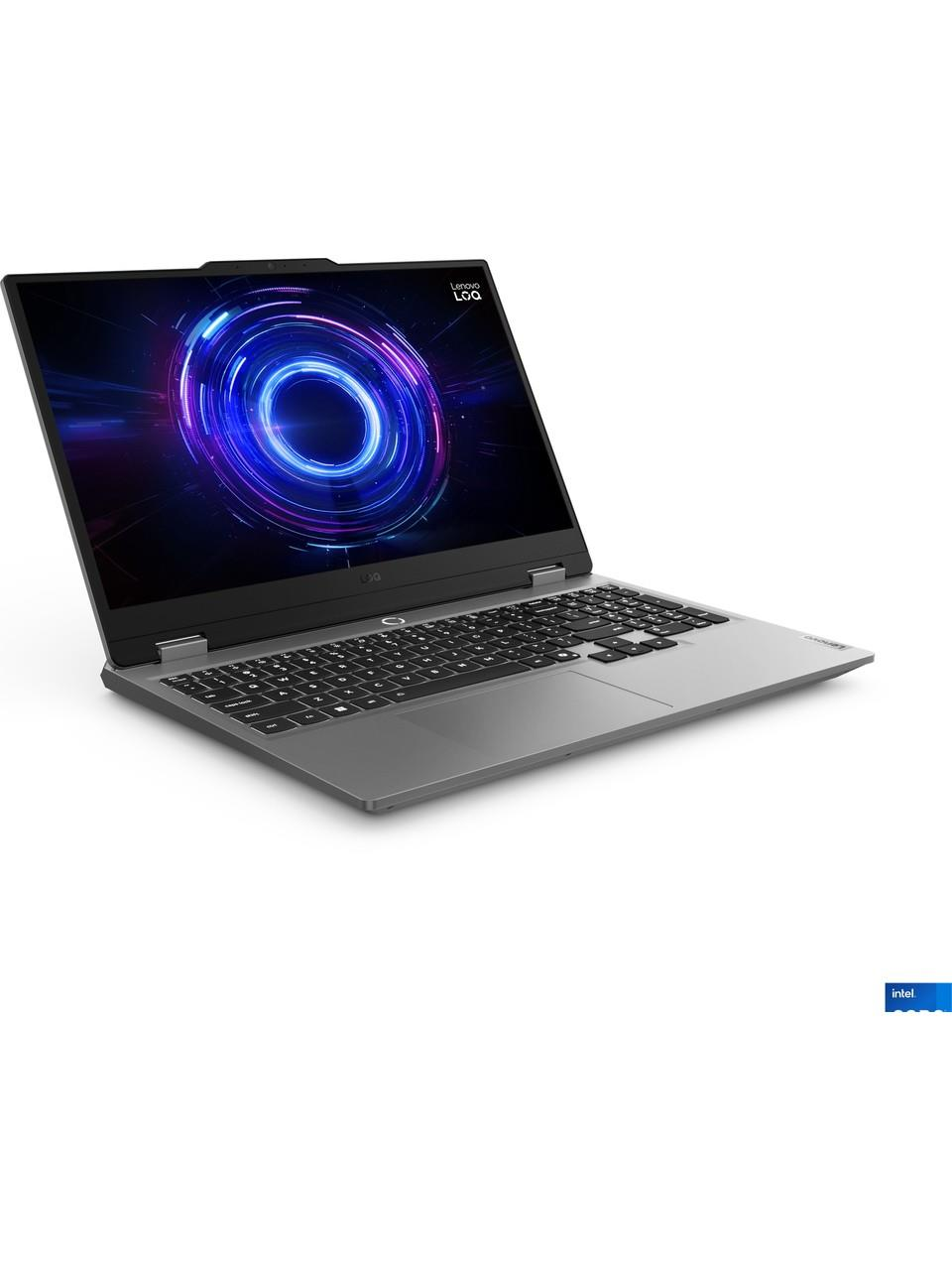 Beyaz arkaplanda aydınlatılmış ekranlı gri bir Lenovo LOQ dizüstü bilgisayar.