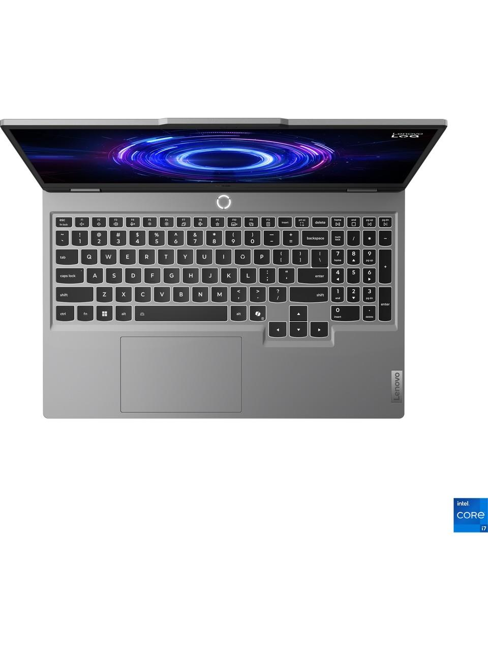 Aktif ekranlı, tam klavyeli ve dokunmatik yüzeyli gri bir Lenovo dizüstü bilgisayarın üstten görünümü.