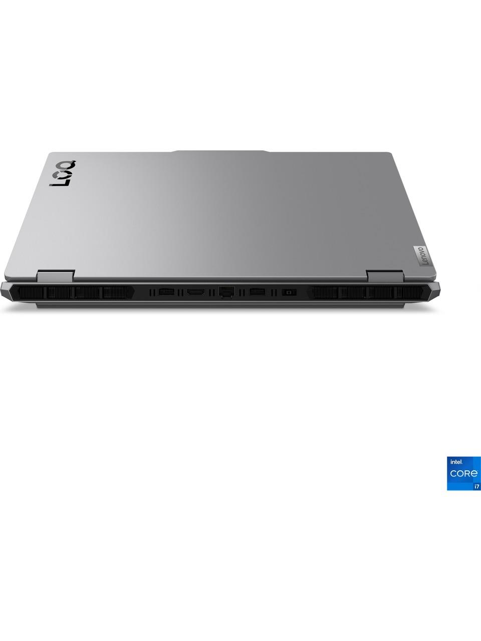 Arkadan görünen gri Lenovo LOQ dizüstü bilgisayar, bağlantı noktaları ve Intel Core i7 etiketi.