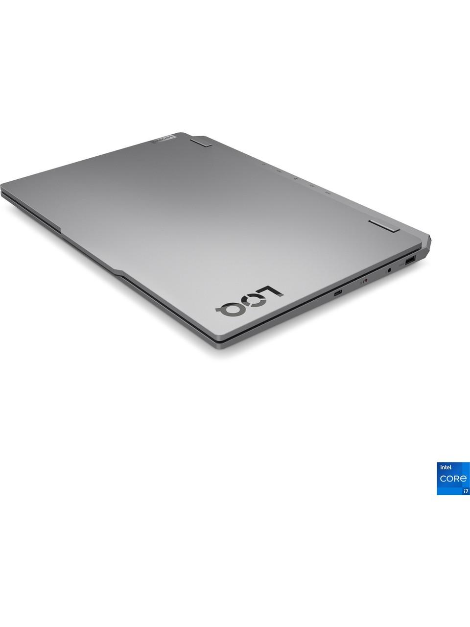 Intel Core i7 logolu beyaz arka planda kapalı gri bir Lenovo LOQ dizüstü bilgisayar.