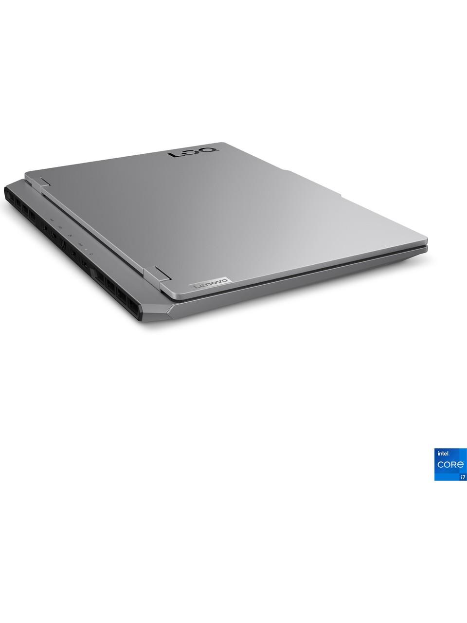 Kapalı gri Lenovo LOQ dizüstü bilgisayar, sağda Intel Core i7 etiketli.