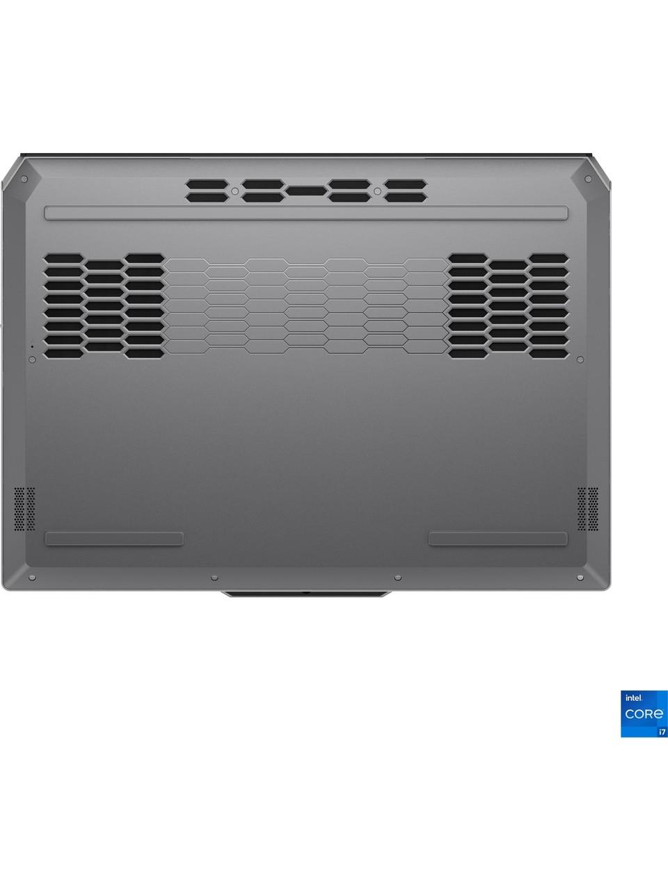 Havalandırma ızgaraları, kauçuk ayaklar ve Intel Core i7 etiketine sahip gri dizüstü bilgisayar tabanı.