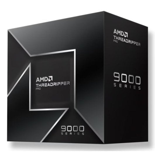 Una scatola nera per il processore AMD Threadripper Pro serie 9000 con dettagli metallici argentati.