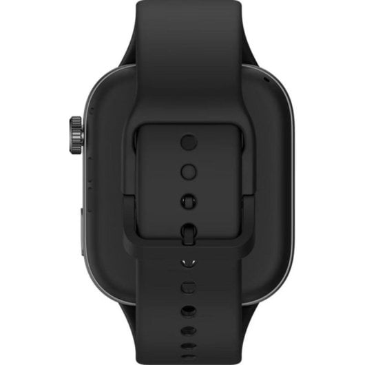 Vista posteriore di uno smartwatch nero con cinturino in silicone e fibbia.