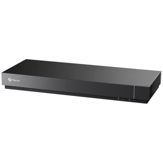 Un appareil Polycom noir et rectangulaire placé sur une surface blanche.