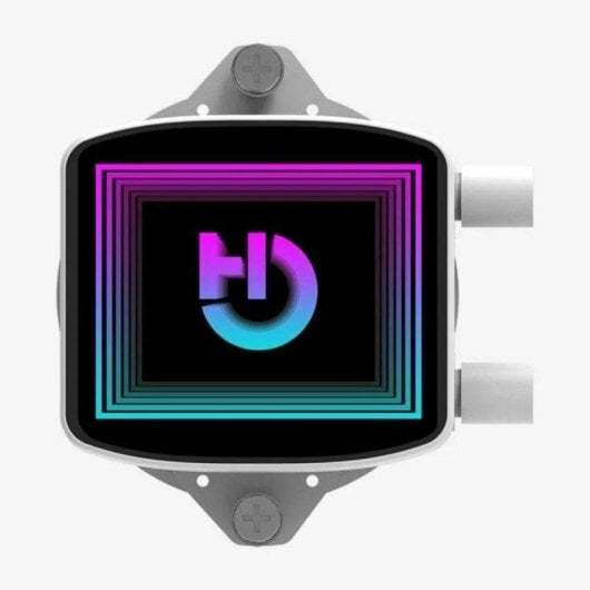 Ein weißer CPU-Kühler mit Display, das ein neonpink-blaues Logo und einen Tunnel-Effekt auf schwarzem Grund zeigt.