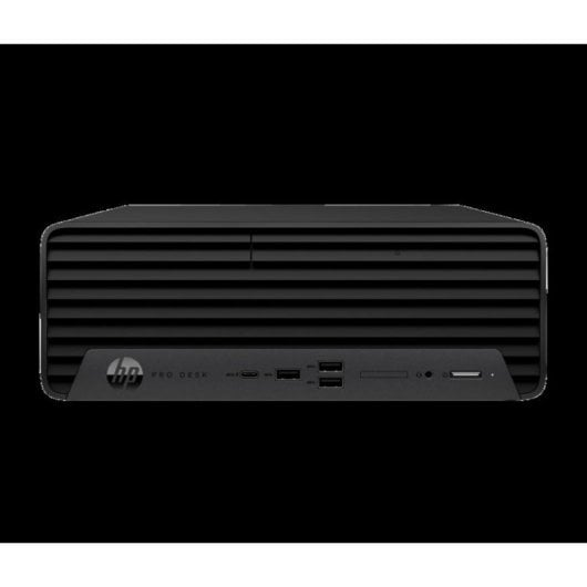 Mini PC HP ProDesk nero su sfondo nero, con porte anteriori e logo HP.
