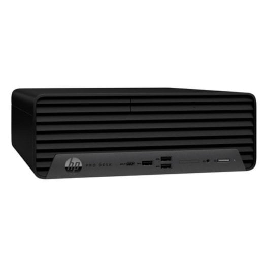 PC desktop HP ProDesk nero con orientamento orizzontale su sfondo bianco.
