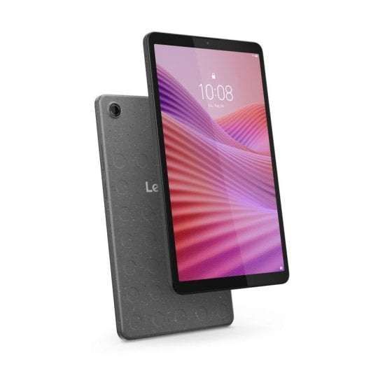 Due tablet grigi su sfondo bianco, uno con lo schermo colorato e l'altro con il retro decorato.