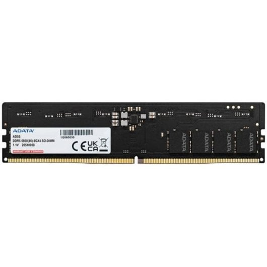 Un modulo RAM ADATA DDR5 nero con etichetta bianca e pin dorati su sfondo bianco.