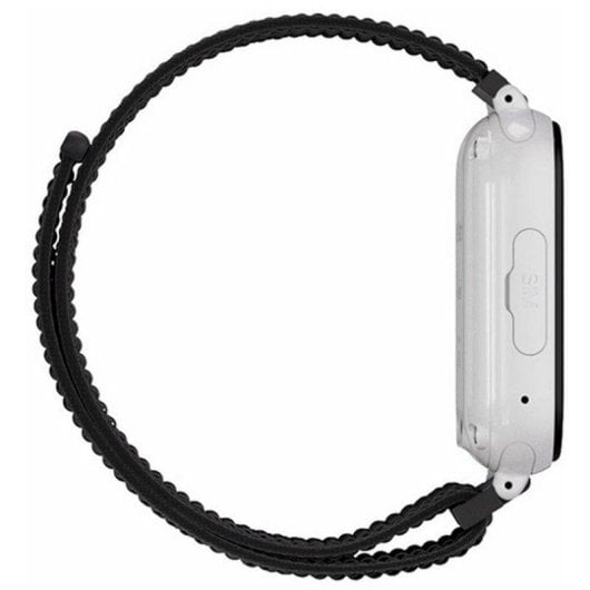 Vista laterale di uno smartwatch bianco con cinturino in tessuto nero su sfondo bianco.