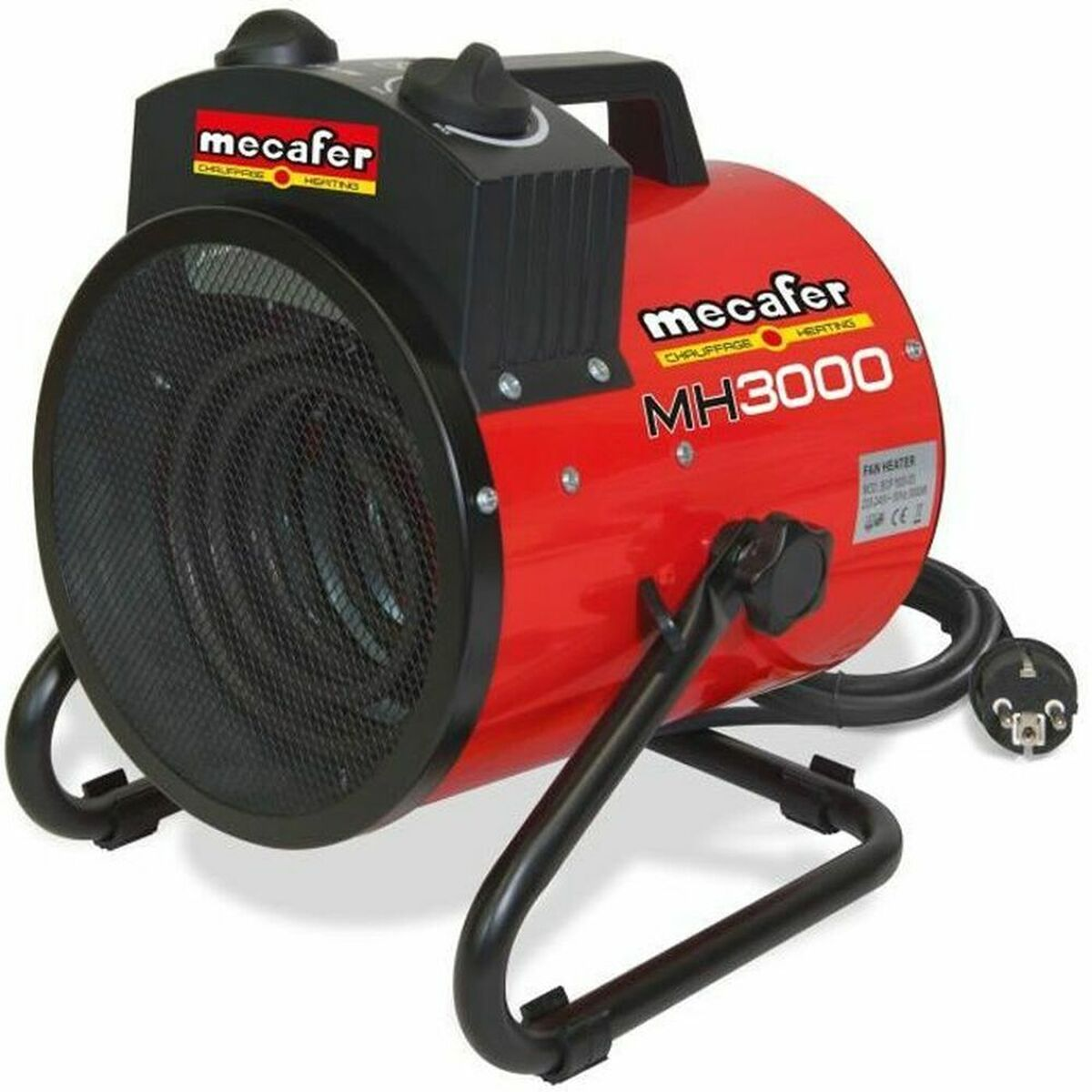 Un termoventilatore rosso Mecafer MH3000 su supporto in metallo nero con cavo di alimentazione.