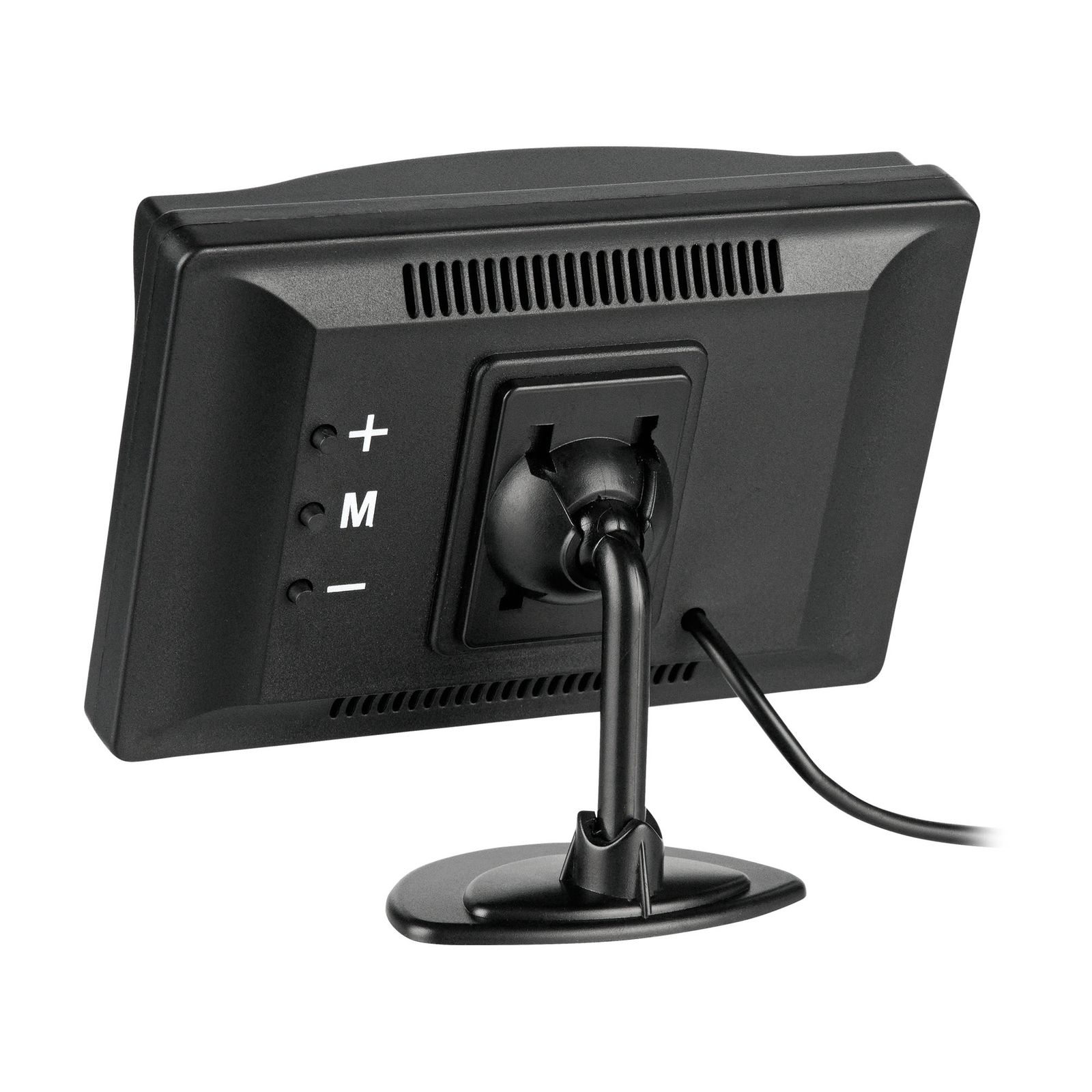 Rückseite eines schwarzen Monitors mit Ständer, Knöpfen und Kabel auf weißem Grund.