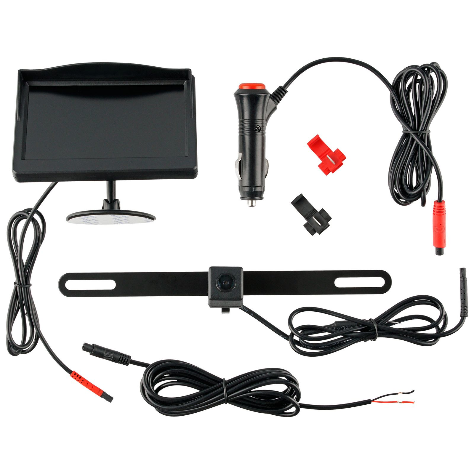 Rückfahrkamera-Set mit Monitor, Kennzeichenhalterung, Autoladegerät und Kabeln auf weißem Hintergrund.