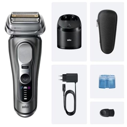 Rasoio grigio Braun con accessori come base di carica, custodia, alimentatore, cartuccia e spazzola.