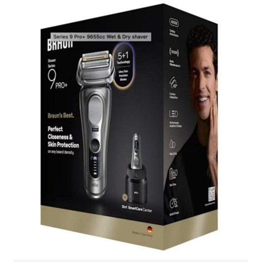 Scatola per rasoio Braun Series 9 Pro+ con rasoio, stazione di pulizia e un uomo sorridente.
