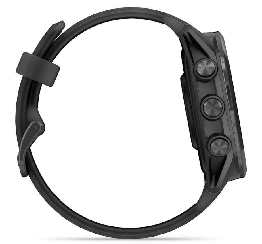 Seitenansicht einer schwarzen Smartwatch mit drei Tasten rechts und schwarzem Gummiband.