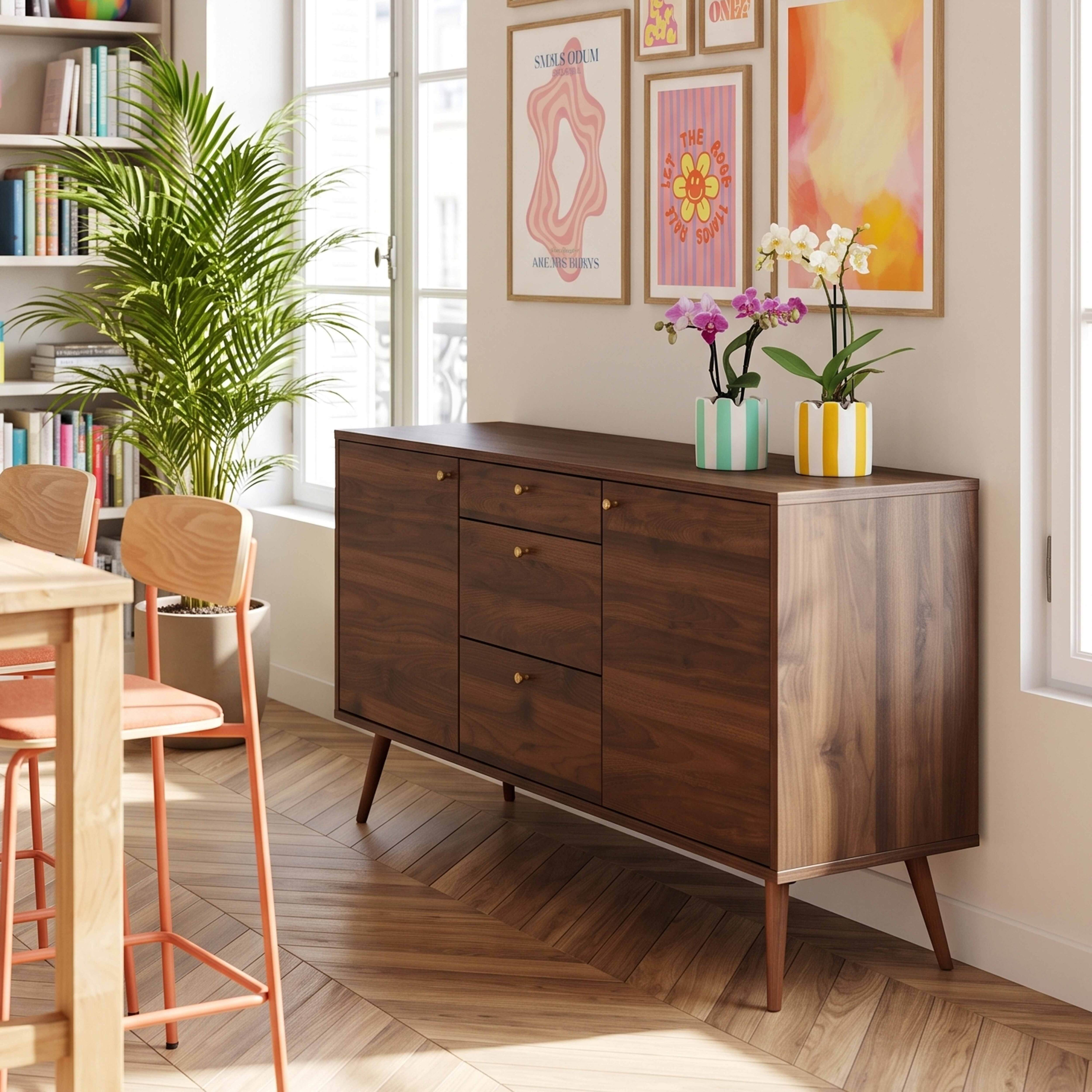 Ein Holzsideboard mit drei Schubladen und Schränken steht an einer Wand mit Postern und Orchideen.