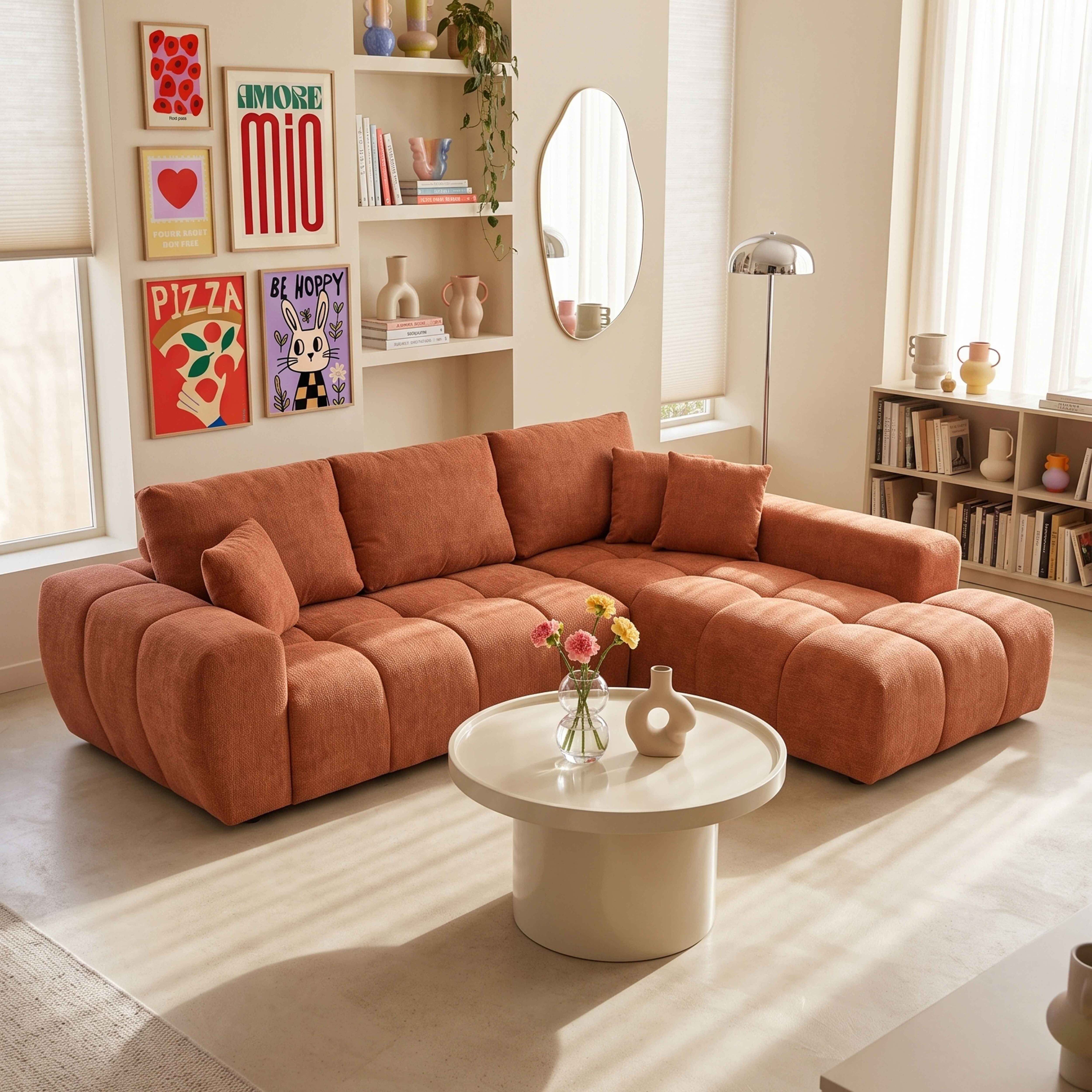 Gemütliches Wohnzimmer mit rostfarbenem Ecksofa, rundem weißem Tisch, bunten Wandpostern und hellen Regalen.