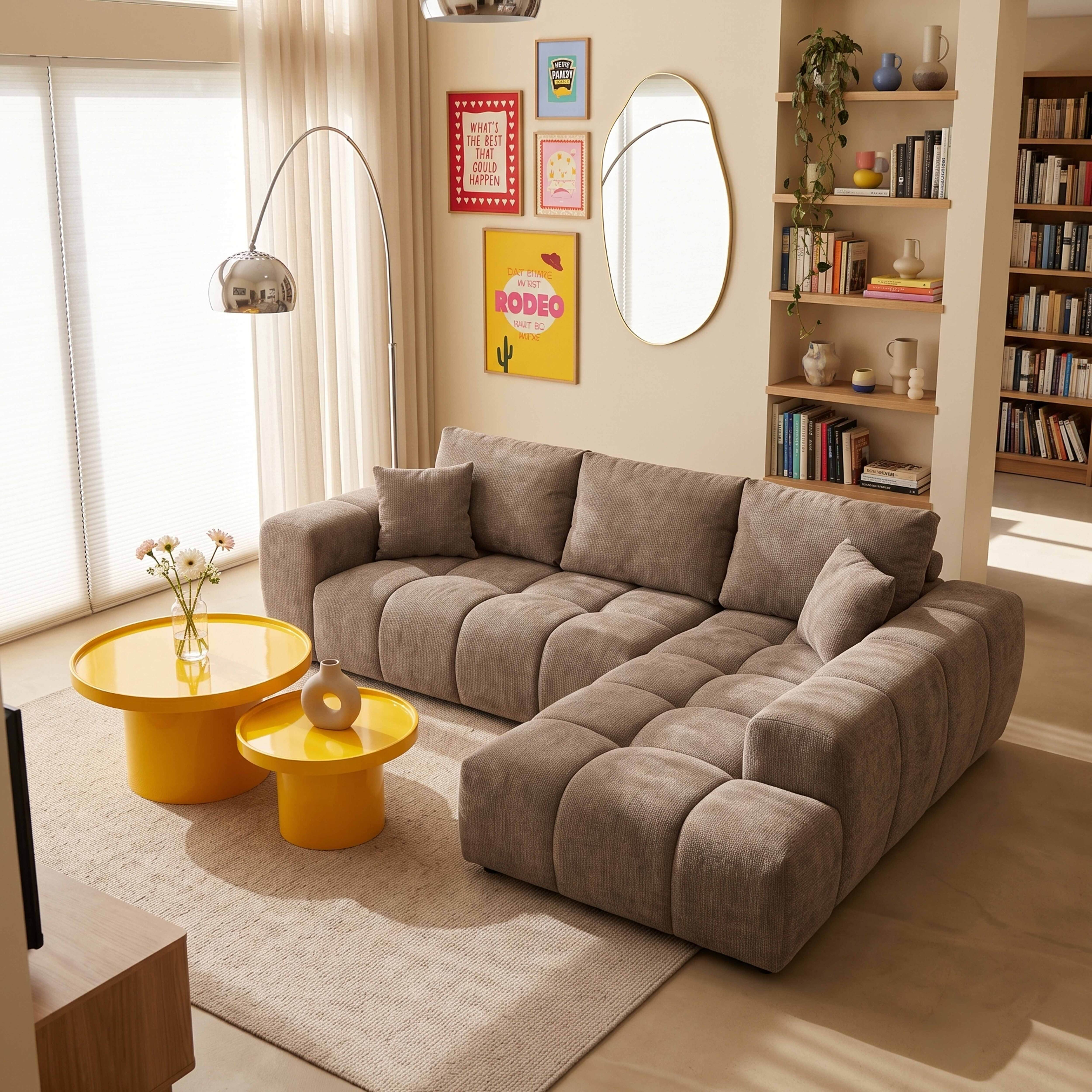 Ein gemütliches Wohnzimmer mit braunem Ecksofa, gelben Couchtischen, Stehlampe und Wandkunst.