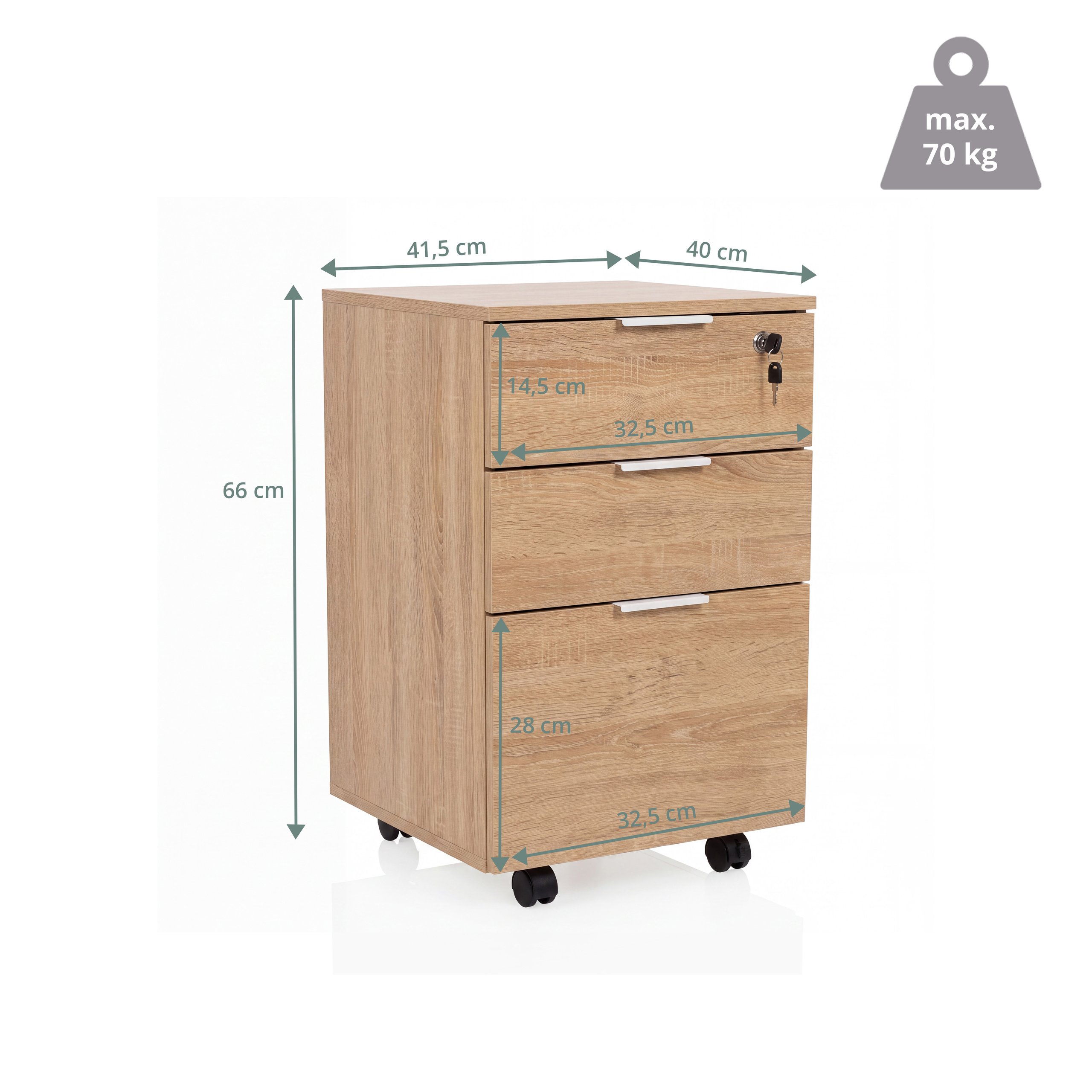 Holzfarbener Aktenschrank auf Rollen mit drei Schubladen und Maßen.