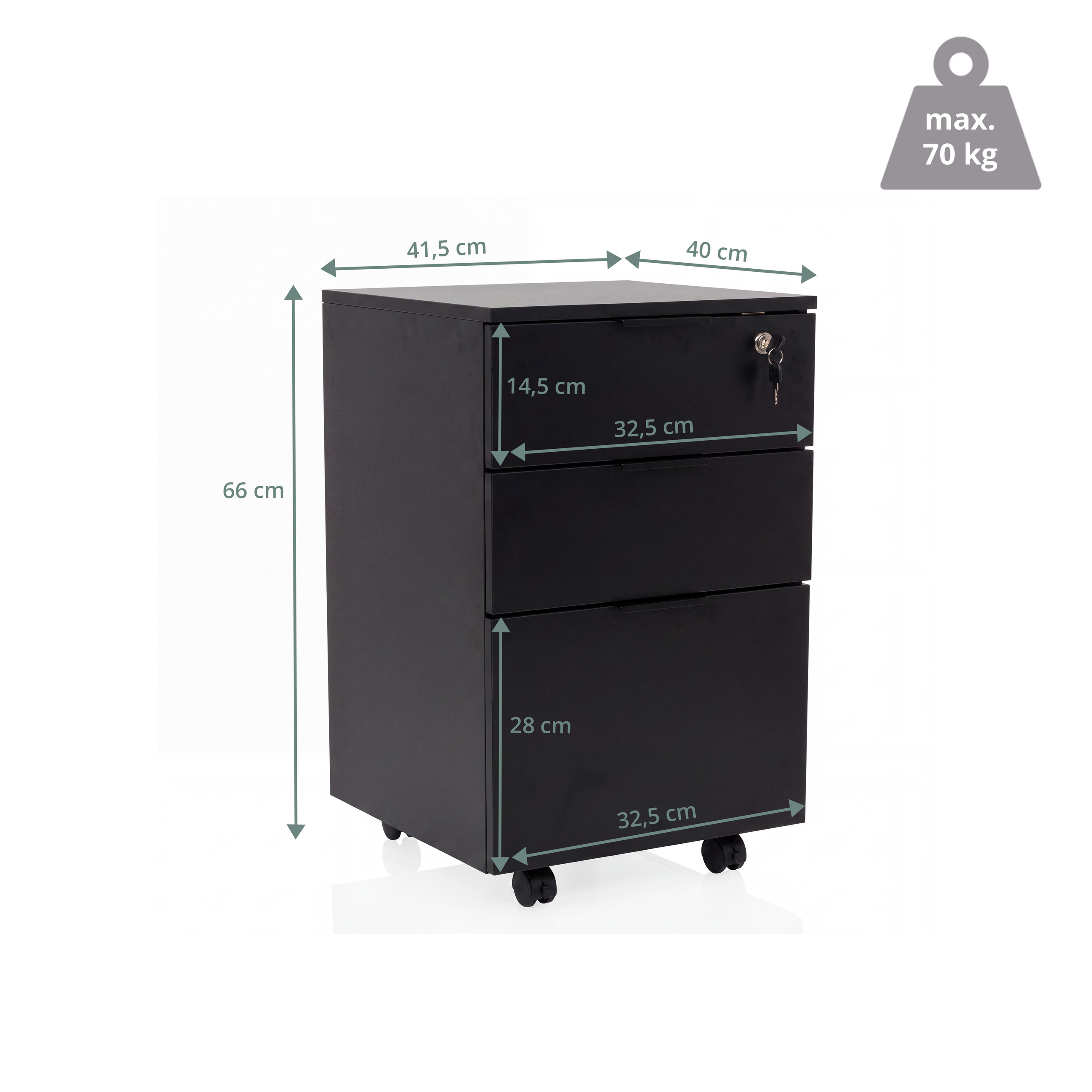 Schwarzer Rollcontainer mit Maßen und einem Gewichtslimit von 70 kg auf weißem Hintergrund.