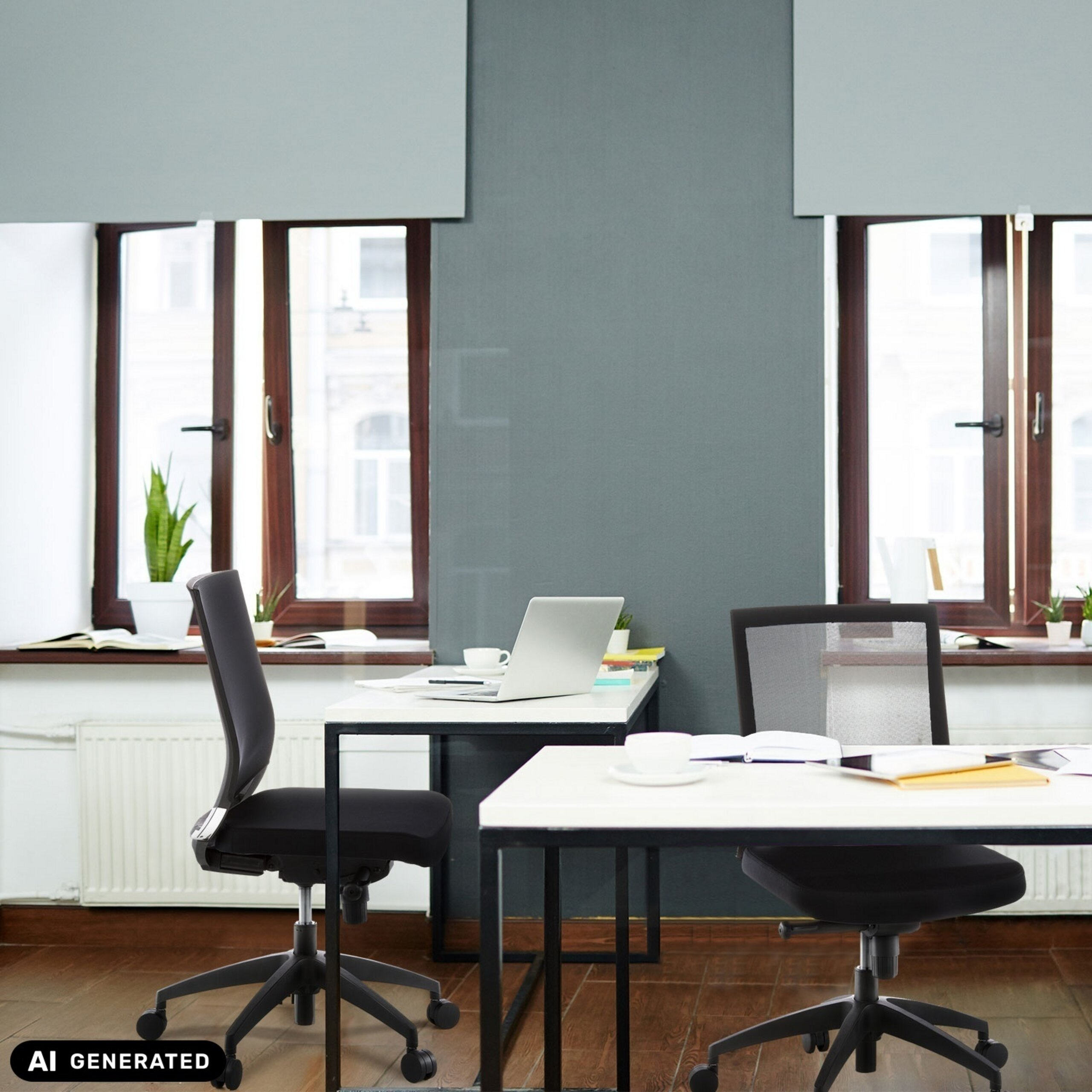 Moderne Arbeitsplätze mit weißen Tischen, schwarzen Bürostühlen und Laptops vor Fenstern mit grünen Pflanzen.