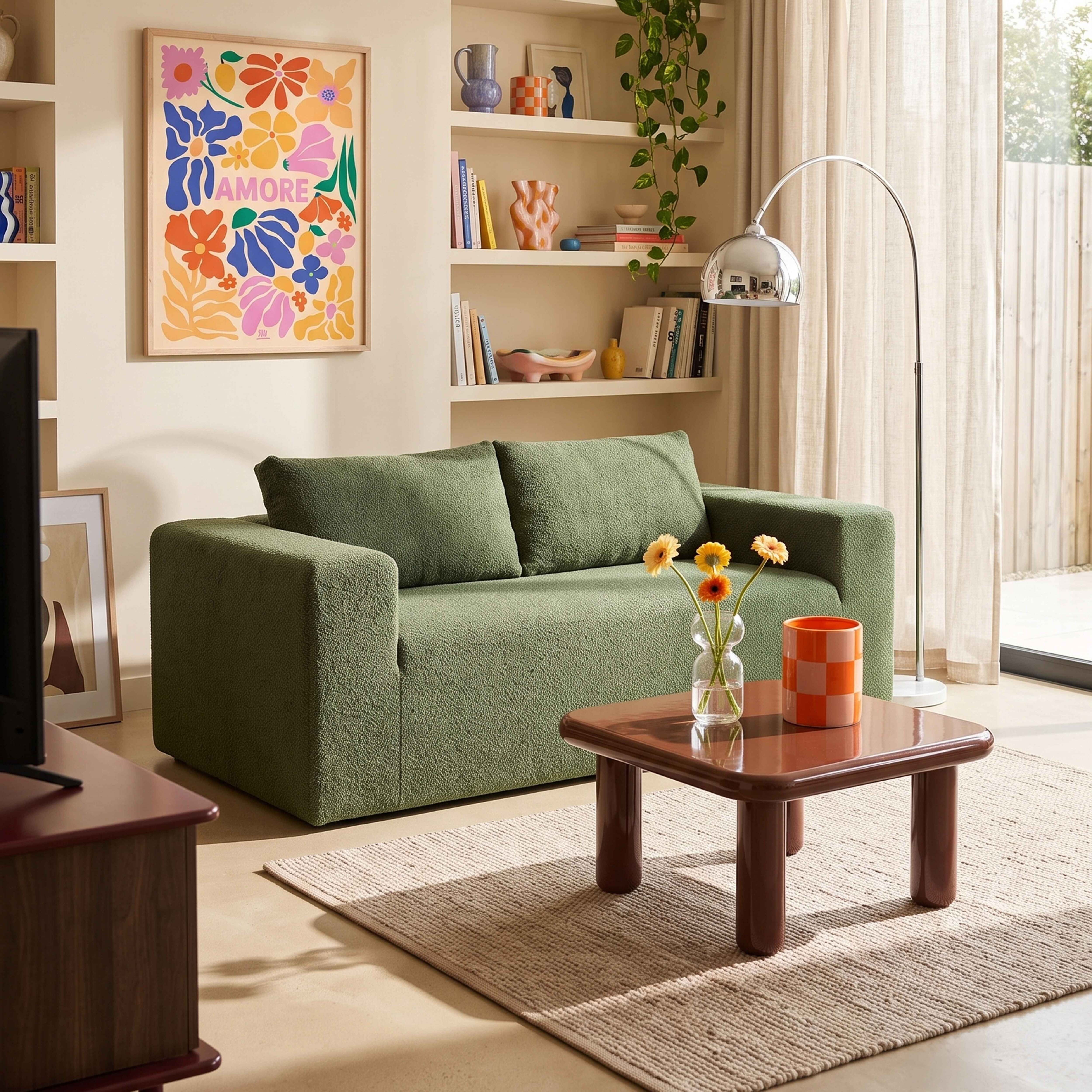 Ein grünes Sofa steht in einem hellen Wohnzimmer mit Bilderwand und Kaffeetisch.