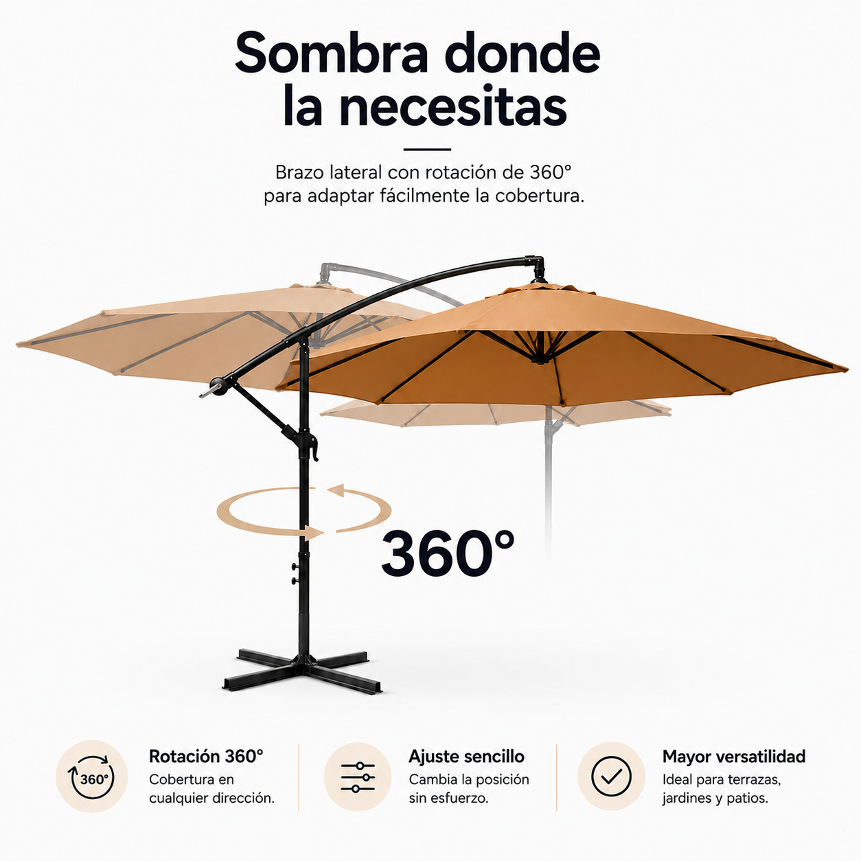 Sombrilla marrón con estructura de metal negro que muestra la función de rotación de 360 grados.