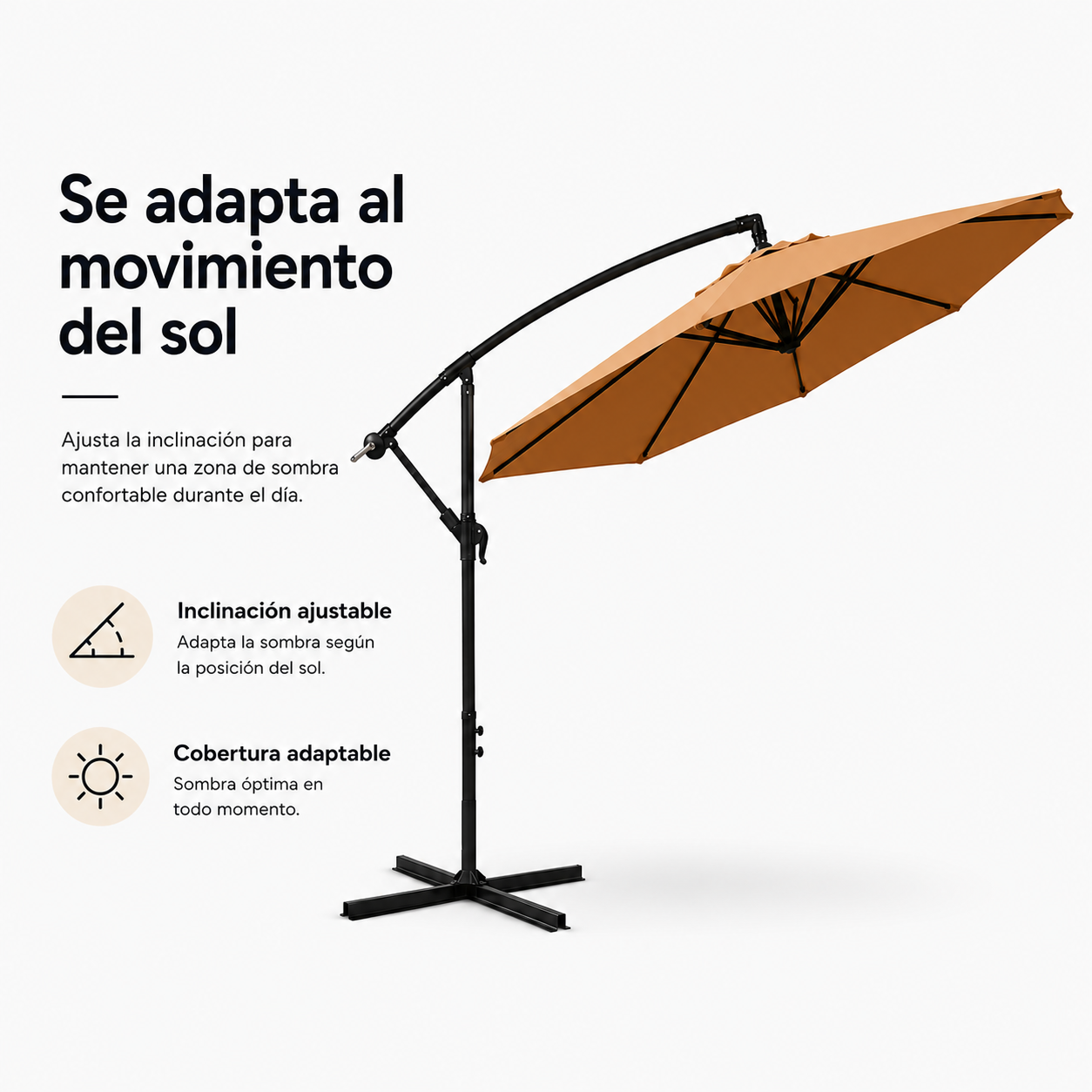 Un sombrilla colgante naranja con estructura negra y base en cruz sobre fondo blanco con texto.