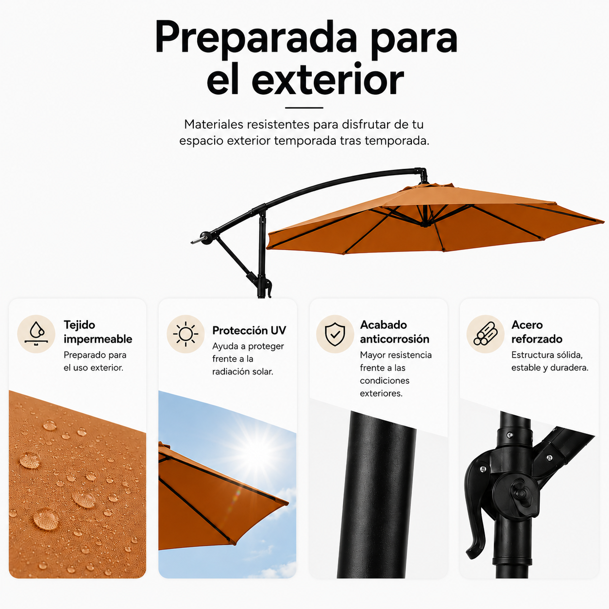 Una sombrilla excéntrica naranja con tejido impermeable, protección UV, acabado anticorrosión y acero reforzado.