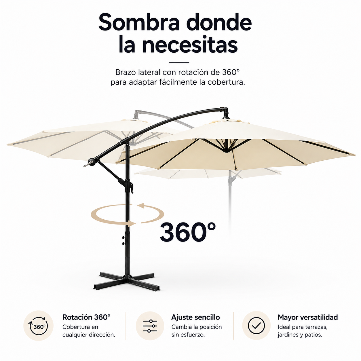 Sombrilla excéntrica beige con estructura negra y función de rotación de 360 grados sobre fondo blanco.
