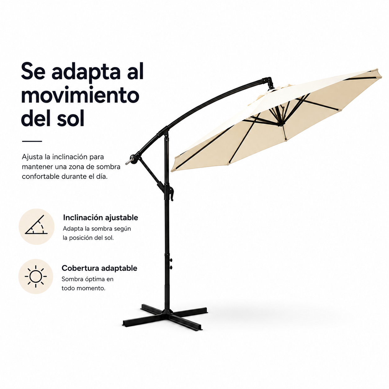 Sombrilla colgante beige con estructura metálica negra y texto sobre fondo blanco.