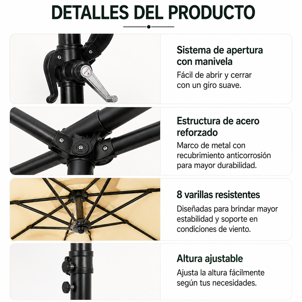 Detalles del producto con manivela, estructura de acero reforzado, 8 varillas y altura ajustable de una sombrilla.