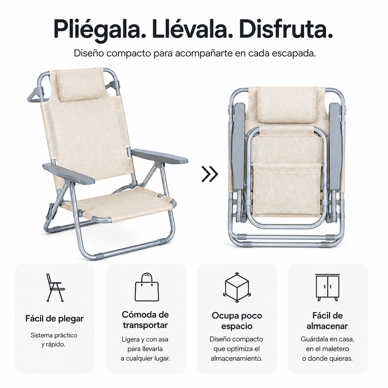Silla de playa plegable beige abierta y plegada, con cuatro iconos abajo y texto en español arriba.