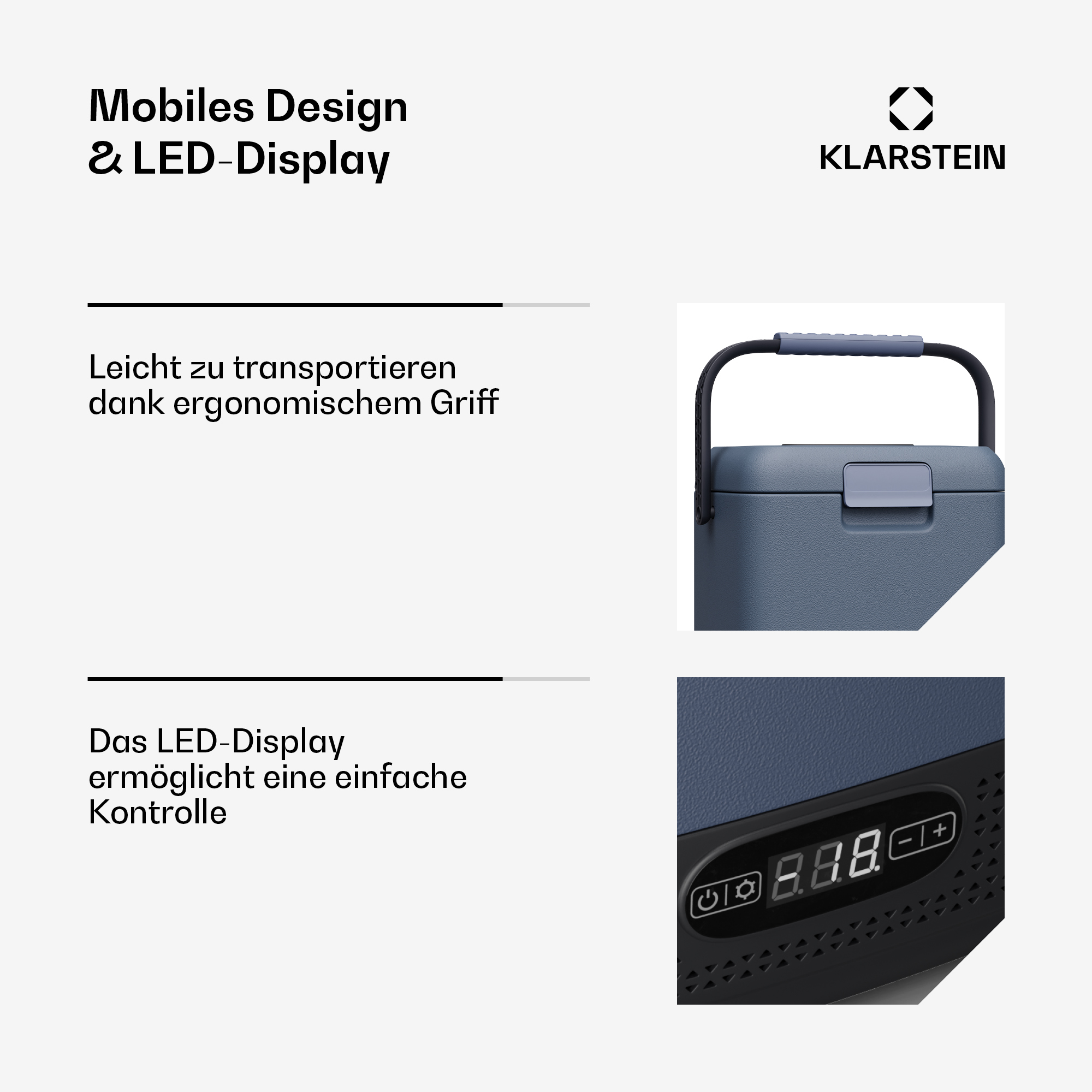 Frigorifero portatile Klarstein con maniglia ergonomica e display LED.