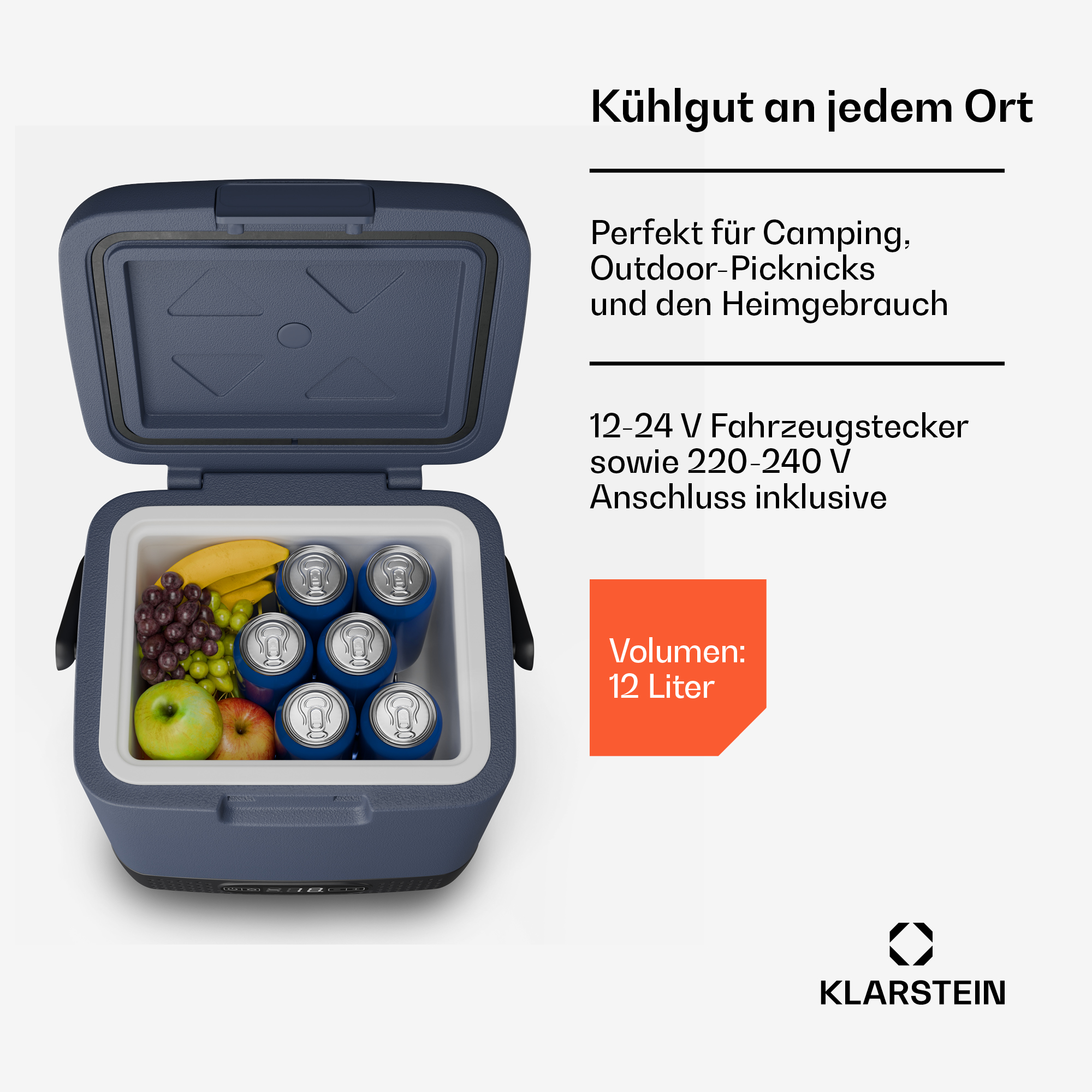 Un frigo portatile blu aperto pieno di lattine e frutta fresca, con testo in tedesco e logo Klarstein.