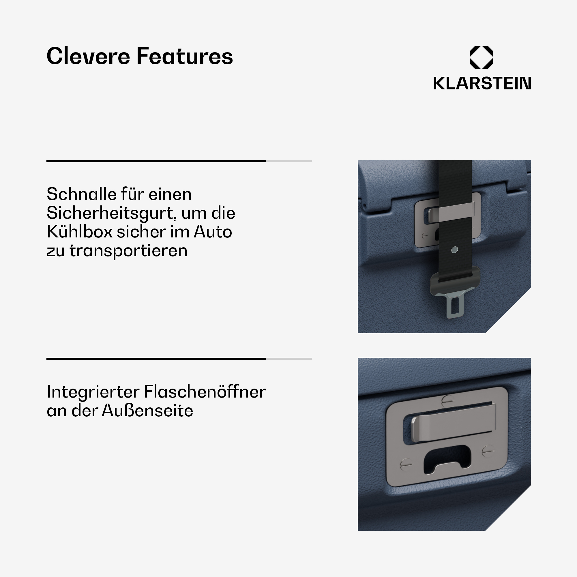 L'infografica mostra le caratteristiche del frigo Klarstein: fibbia e apribottiglie.