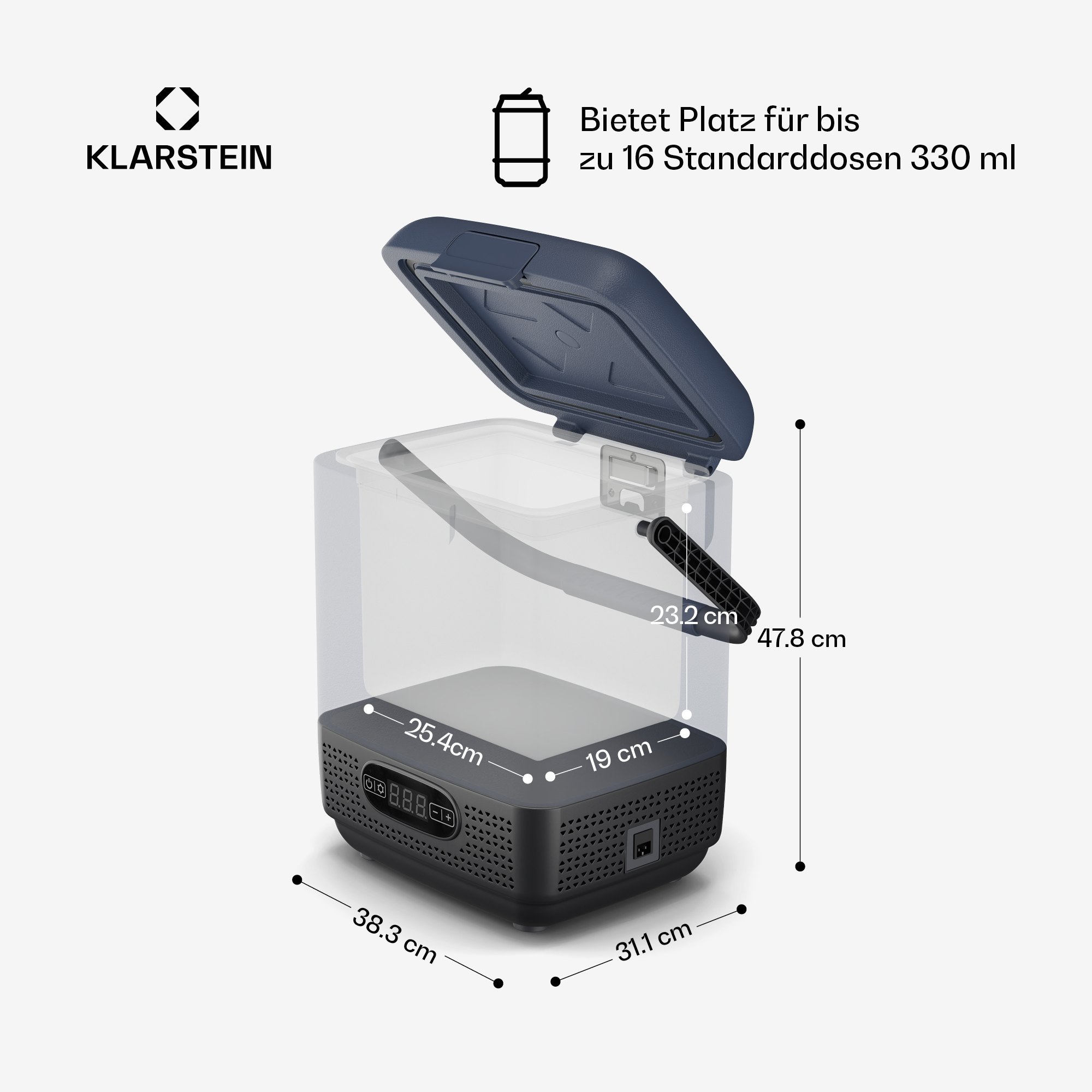 Mini frigorifero Klarstein con coperchio aperto, dimensioni e logo su sfondo bianco.