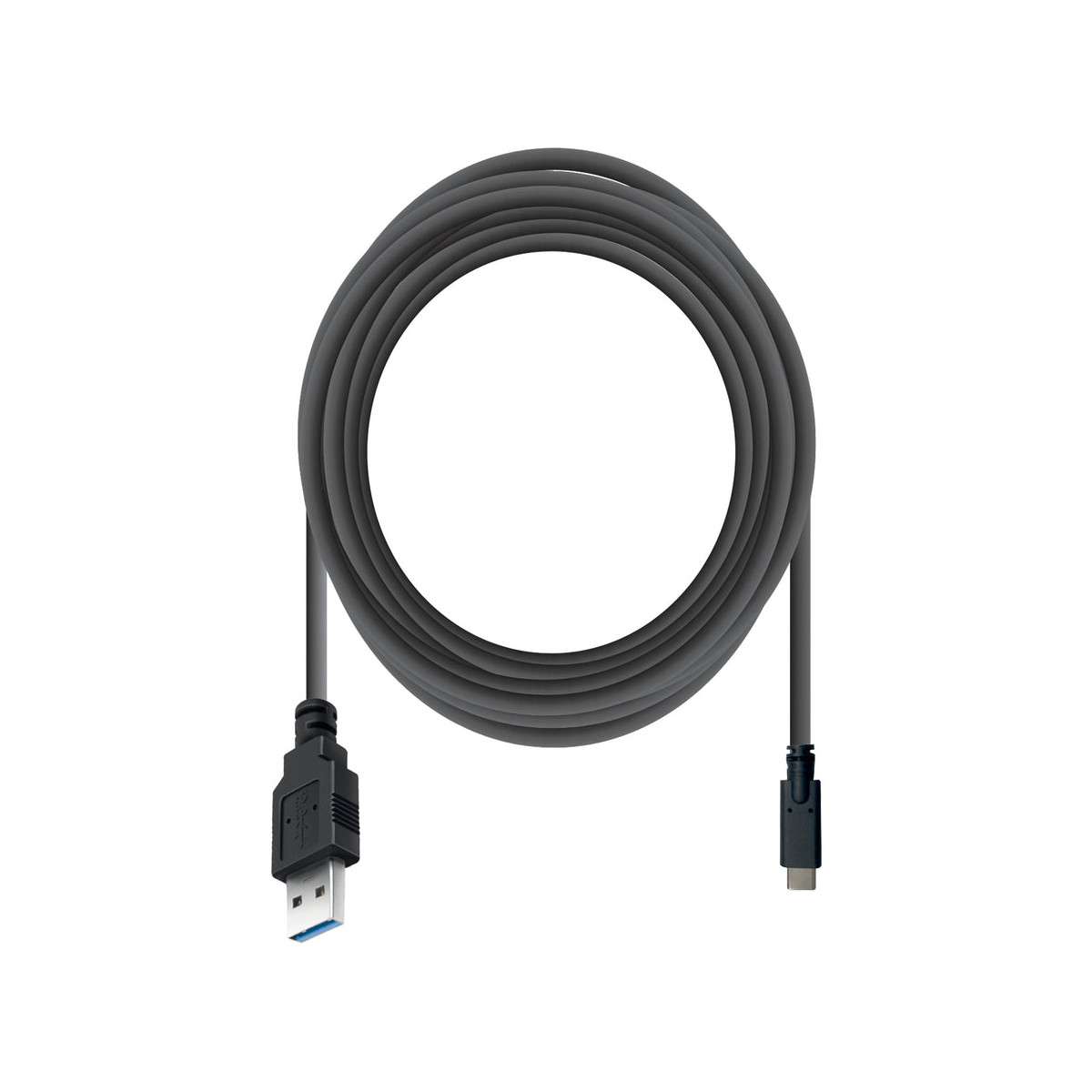Un cavo USB grigio scuro ordinatamente arrotolato con un connettore USB-A e un USB-C su sfondo bianco.