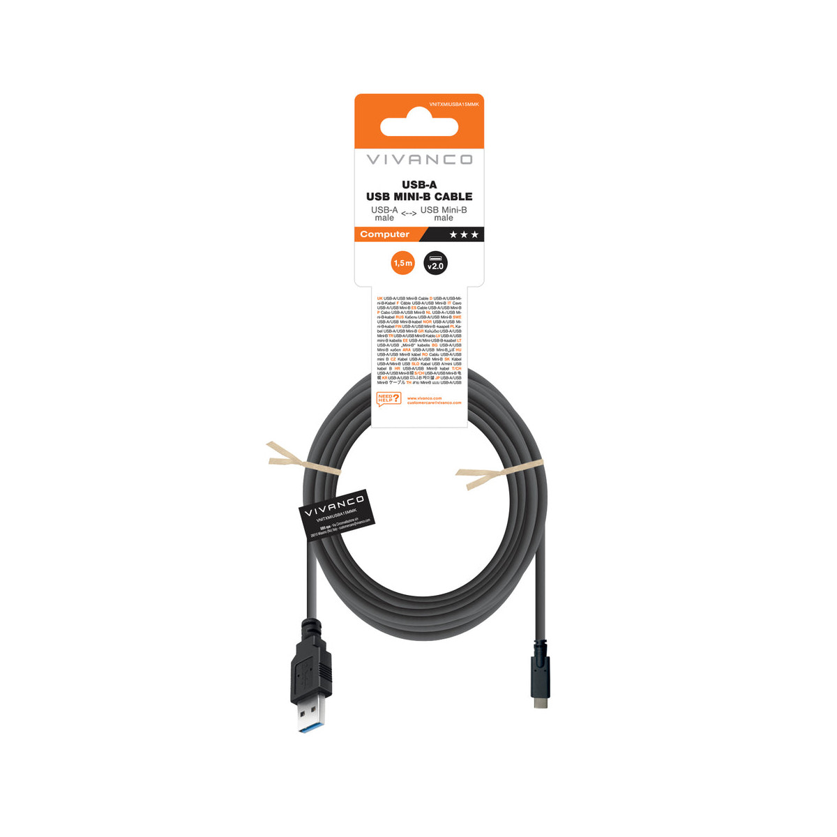 Cavo USB-A a Mini-B grigio in confezione con dettagli arancioni.